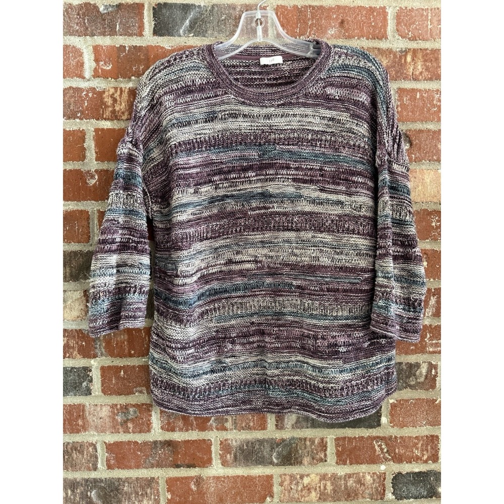 J Jill Wmn M Purple Intarsia Striped Marled Cotton Crew Neck Artsy Knit Sweater